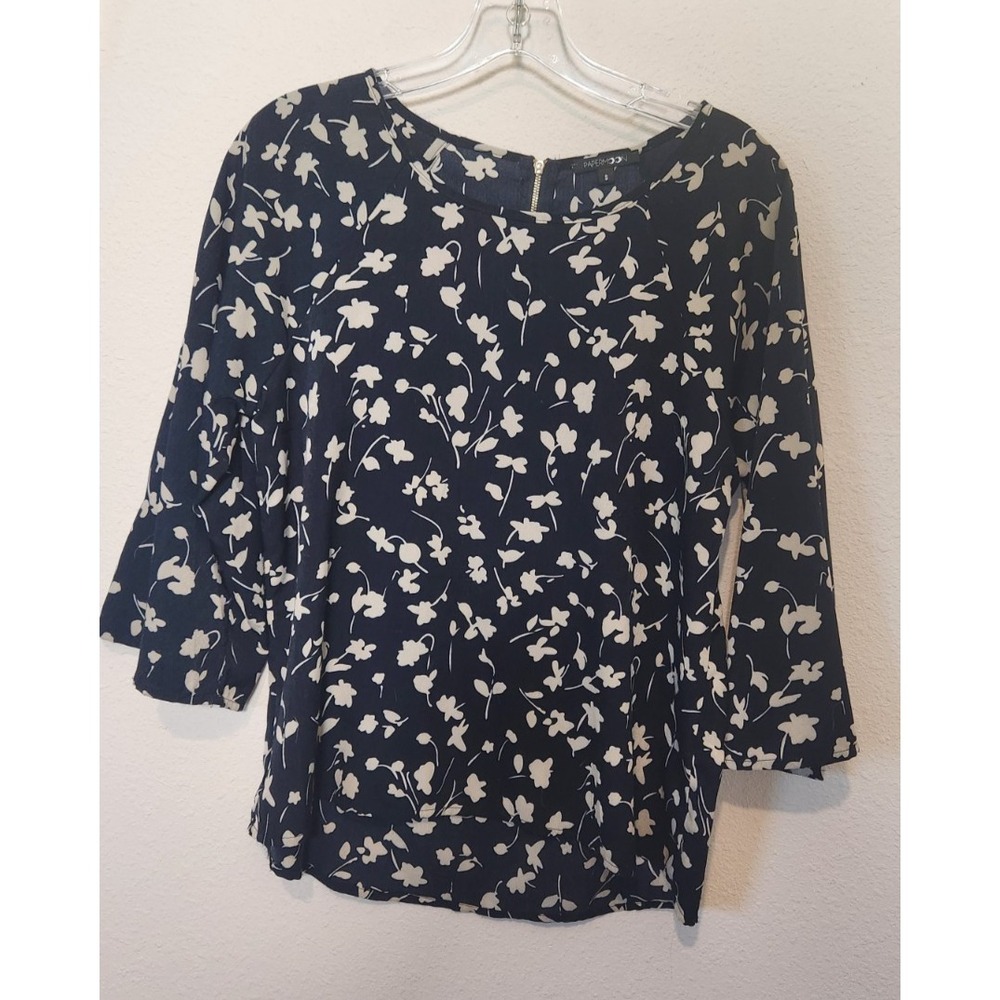 Papermoon Navy Blue Floral 3/4 Wide‎ Arm Blouse Gold Back Zipper Small Office